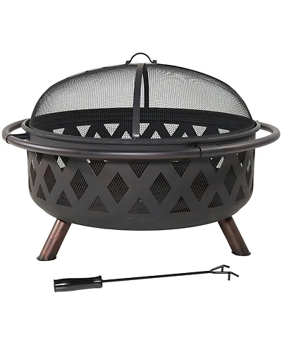 Crossweave Heavy-Duty Steel Outdoor Fire Pit with Spark Screen, Poker, Grill, and Cover - Black
