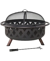Crossweave Heavy-Duty Steel Outdoor Fire Pit with Spark Screen, Poker, Grill, and Cover - Black
