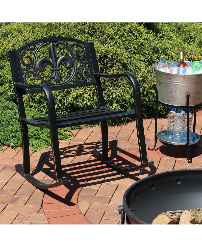 Traditional Fleur-de-Lis Design Cast Iron and Steel Outdoor Rocking Chair