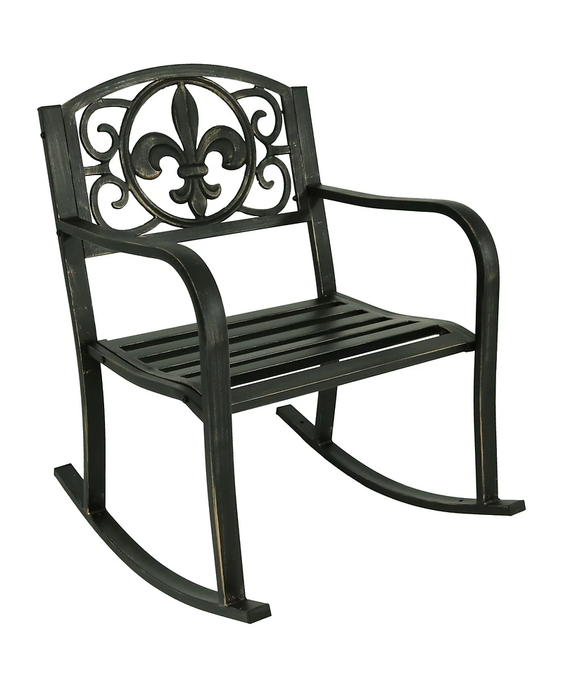 Traditional Fleur-de-Lis Design Cast Iron and Steel Outdoor Rocking Chair