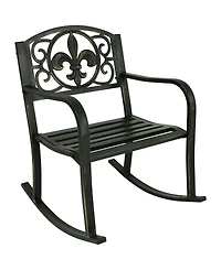Traditional Fleur-de-Lis Design Cast Iron and Steel Outdoor Rocking Chair