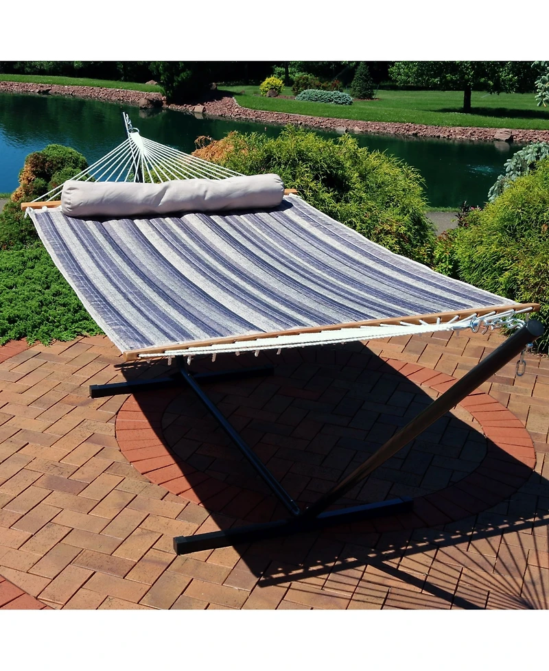 Outdoor 2-Person Quilted Fabric Hammock with Spreader Bars and Freestanding Stand