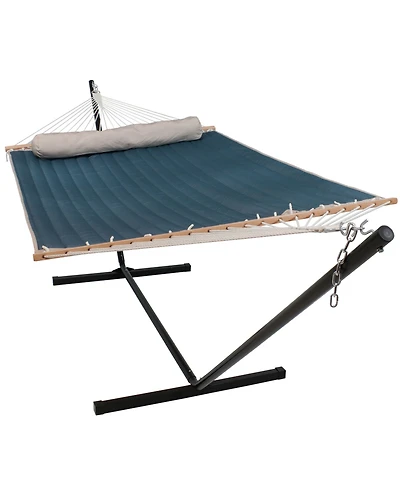 2-Person Outdoor Quilted Fabric Hammock with Spreader Bars with Freestanding Stand and Detachable Pillow - 350 lb Capacity - Tidal Wave