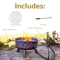 Outdoor Camping or Backyard Round Cosmic Stars and Moons Fire Pit with Cooking Grill Grate, Spark Screen, and Log Poker - 30"