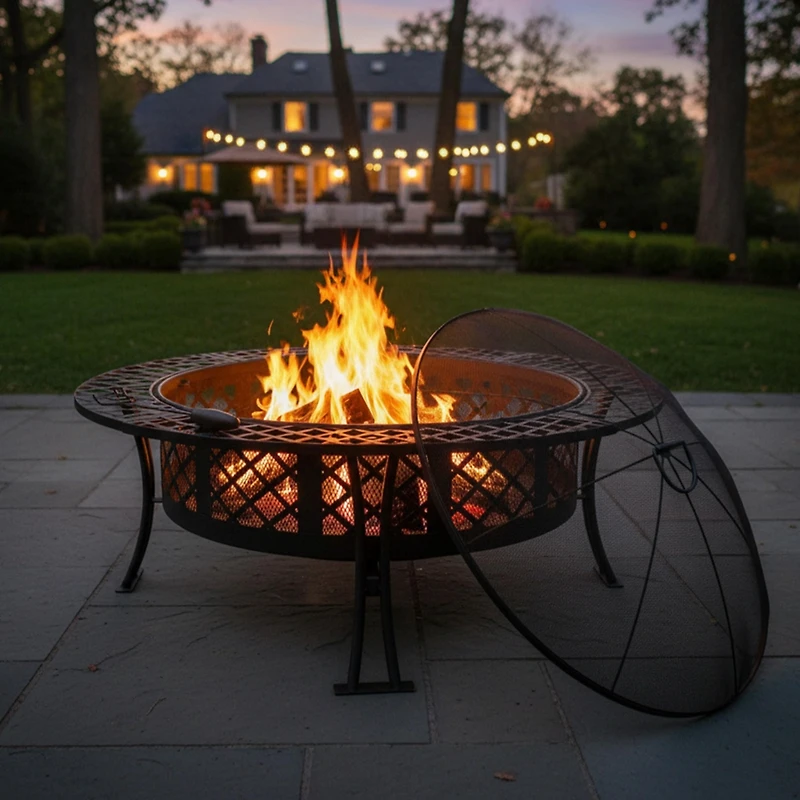 Outdoor Camping or Backyard Steel Diamond Weave Fire Pit Bowl with Spark Screen - 40" - Black