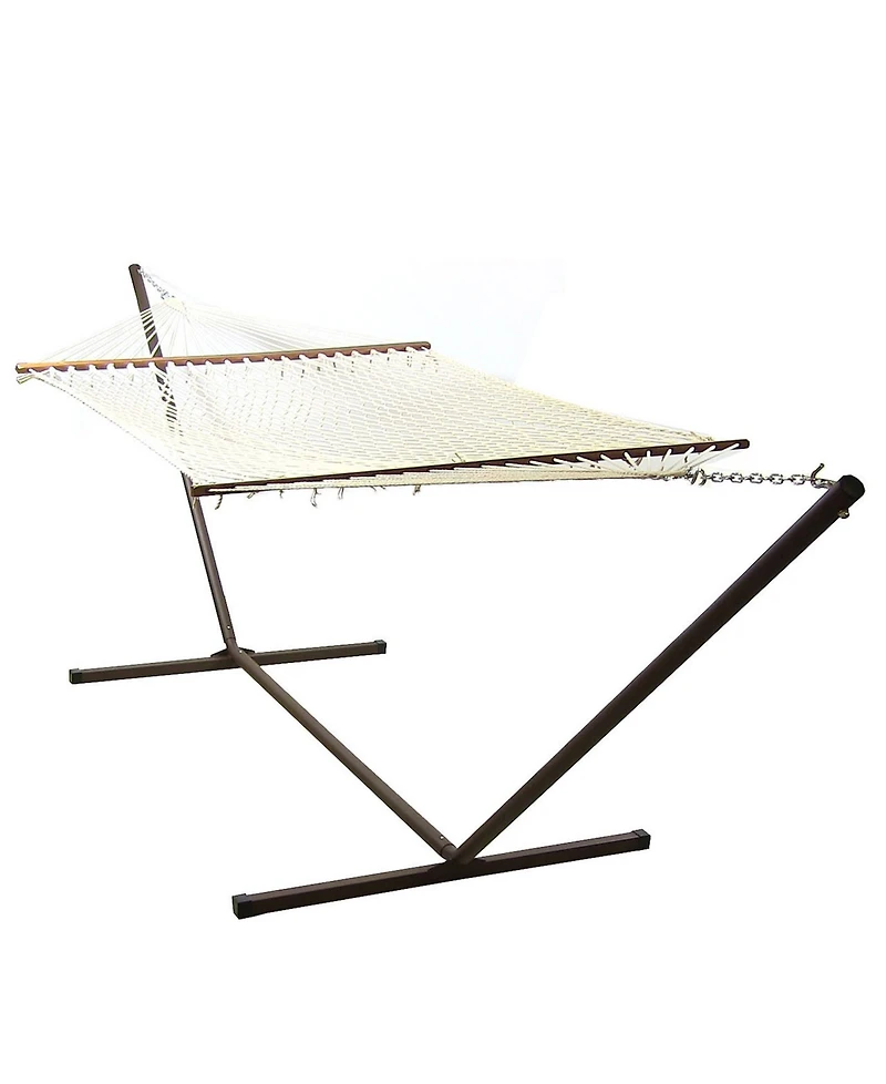Outdoor 2-Person Double Cotton Rope Hammock with Wood Spreader Bar and 15ft Black Steel Stand
