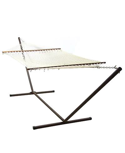 Outdoor 2-Person Double Cotton Rope Hammock with Wood Spreader Bar and 15ft Black Steel Stand