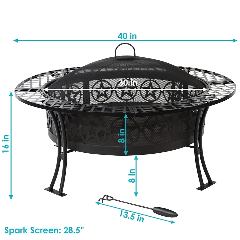 Outdoor Camping or Backyard Steel Round Four Star Fire Pit Table with Spark Screen - 40" - Black