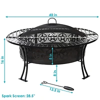 Outdoor Camping or Backyard Steel Round Four Star Fire Pit Table with Spark Screen - 40" - Black
