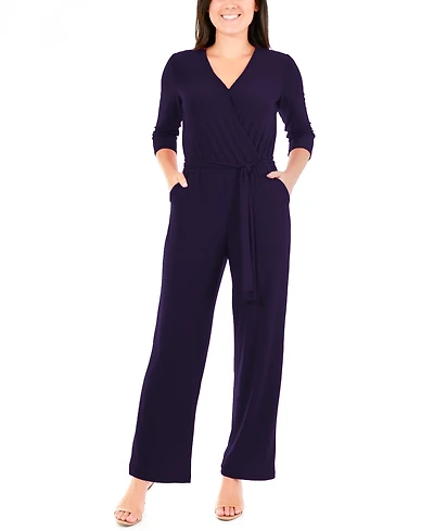 Ny Collection Petite 3/4 Sleeve Belted Wide Leg Jumpsuit
