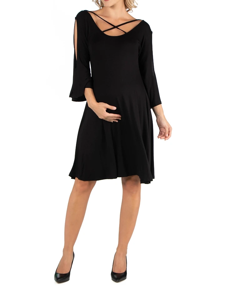 24seven Comfort Apparel Maternity Knee Length Cold Shoulder Dress