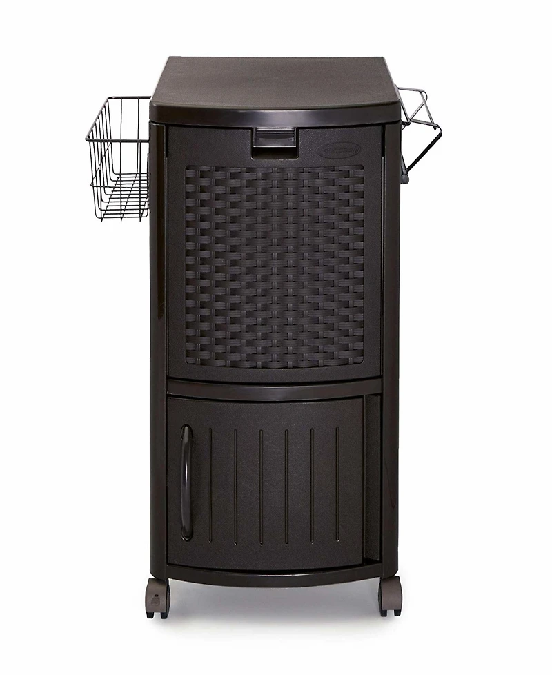 Suncast DCCW3000D 77 Quart Resin Wicker Patio Cooler with Cabinet & Wire Basket