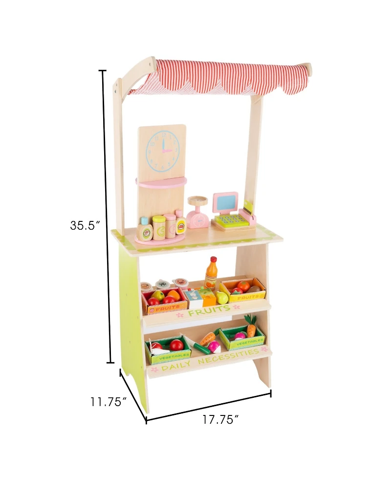 Hey Play Kids Fresh Market Selling Stand - Wooden Grocery Store Playset With Toy Cash Register, Scale, Pretend Credit Card And Food Accessories