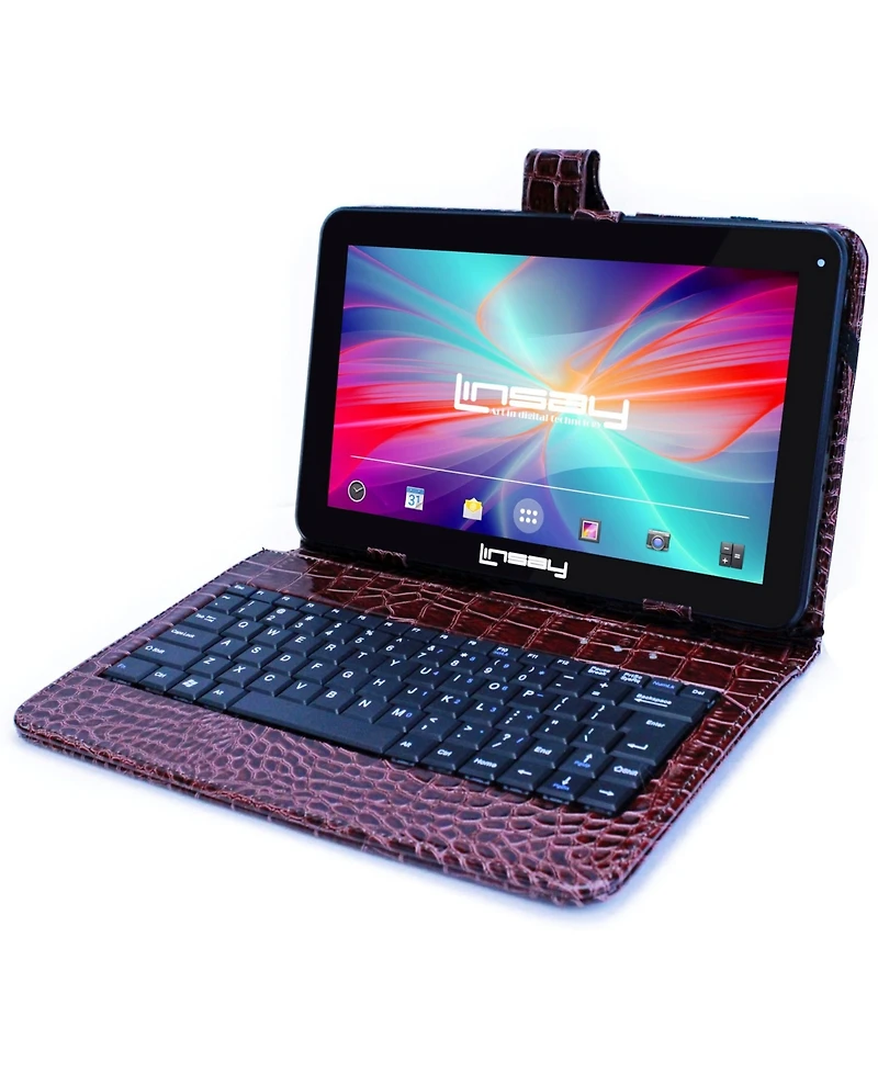 Linsay New 10.1" Tablet Octa Core 128GB Android 14 and Exclusive Luxury Brown Crocodile Keyboard case