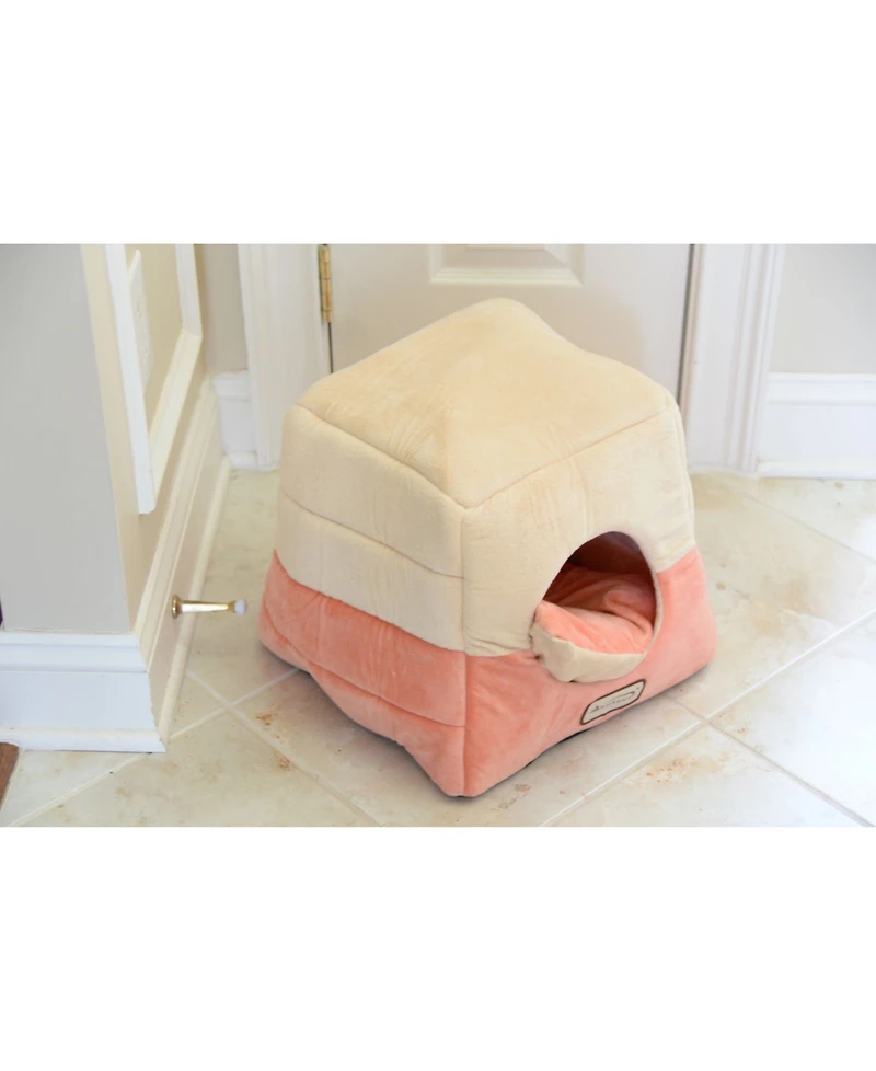 Armarkat 2-In-1 Cat Bed Cave Shape And Cuddle Pet Bed, Orange/Beige - Soft Velvet, Waterproof, Skid-Free Base