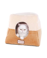 Armarkat 2-In-1 Cat Bed Cave Shape And Cuddle Pet Bed, Brown/Beige - Waterproof Base, Soft Velvet Covering
