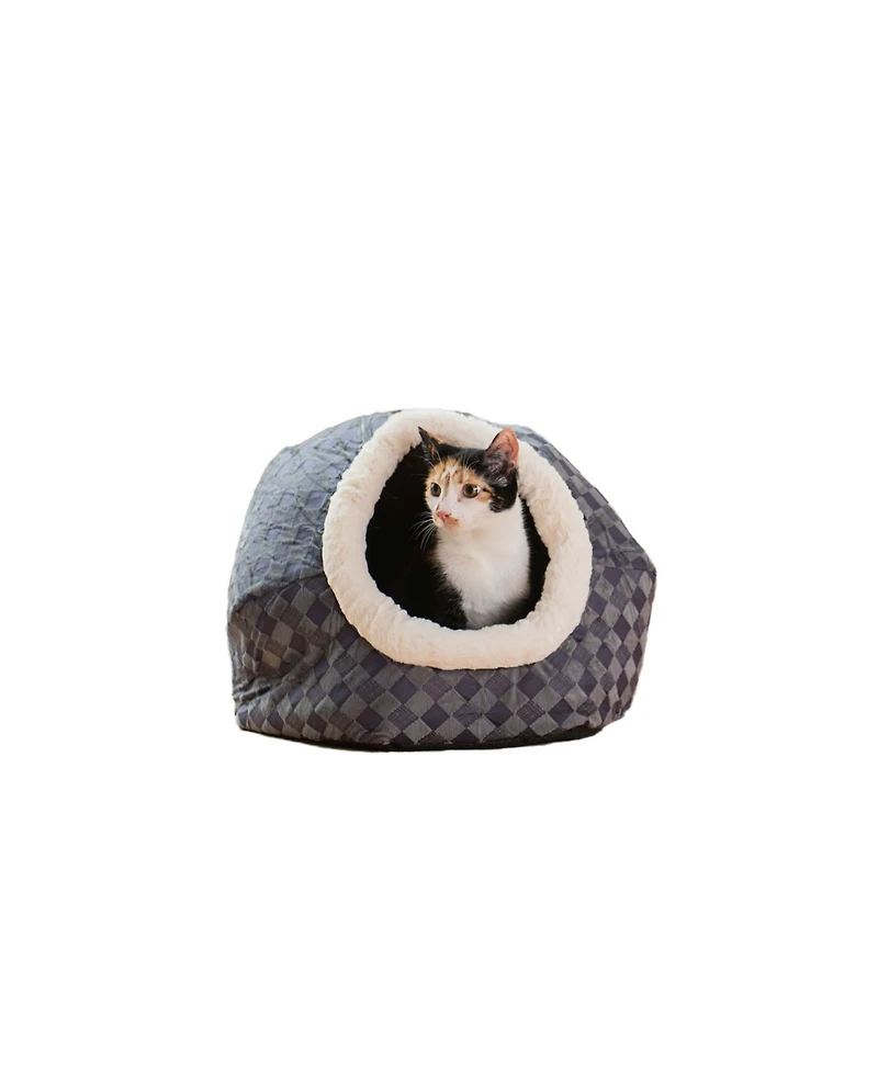 Armarkat Cuddle Cave Cat Bed C44 for Cats & Puppy Dogs, Blue Checkered - Soft Velvet, Waterproof & Skid-free Base