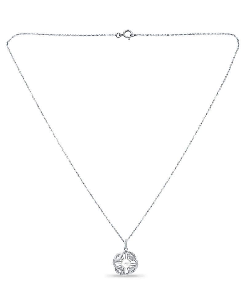 Imitation Pearl and Cubic Zirconia Crystal Halo Pendant Silver Plate 18"