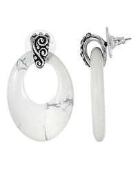 2028 Pewter Semi Precious Oval Howlite Hoop Earrings