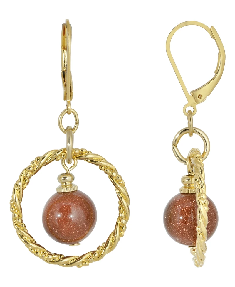 2028 Gold-Tone Genuine Stone Sandstone Round Stone Hoop Earrings