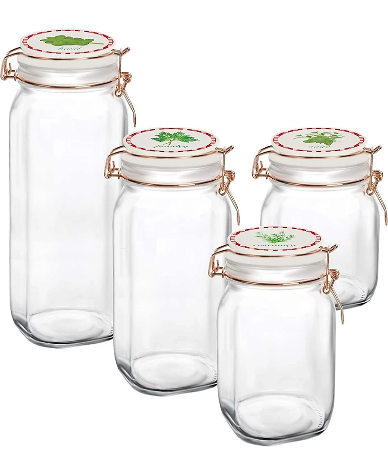 Circle Glass Canister with Herb Decal Ceramic Lid, Set of 4