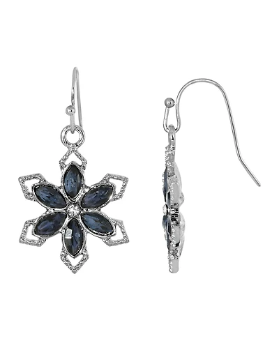 2028 Silver-Tone Sapphire Blue Color Stone with Crystal Flower Earring