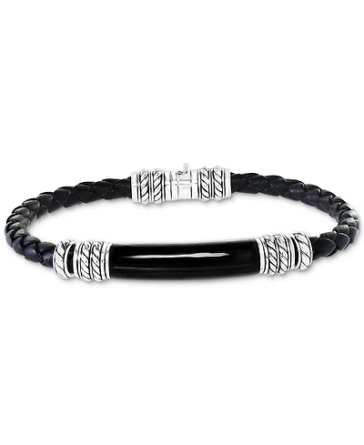 Effy Men's Onyx Black Leather Braided Bracelet in Sterling Silver
