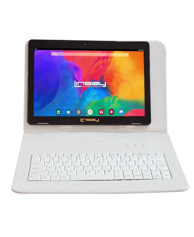 Linsay New 10.1" Tablet Octa Core 128GB Bundle with Exclusive Luxury White Crocodile Style Keyboard Newest Android 14