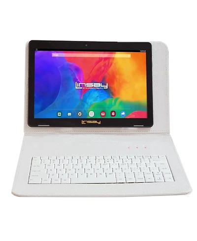 Linsay New 10.1" Tablet Octa Core 128GB Bundle with Exclusive Luxury White Crocodile Style Keyboard Newest Android 14
