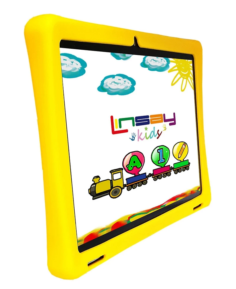 Linsay New 10.1" Funny Kids Wi-Fi Tablet Octa Core 128GB with Yellow Kids Defender Case Newest Android 13 Google certified