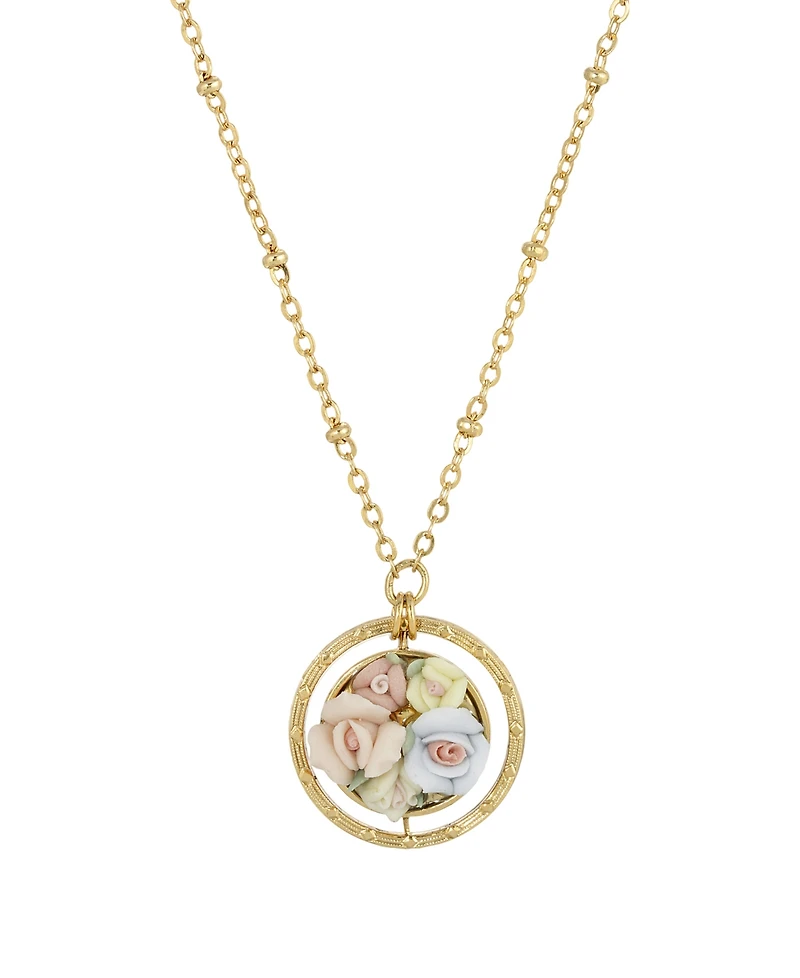 2028 Women's Gold Tone Yellow Porcelain Flower Round Drop Necklace