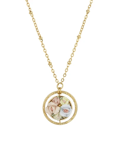 2028 Women's Gold Tone Yellow Porcelain Flower Round Drop Necklace