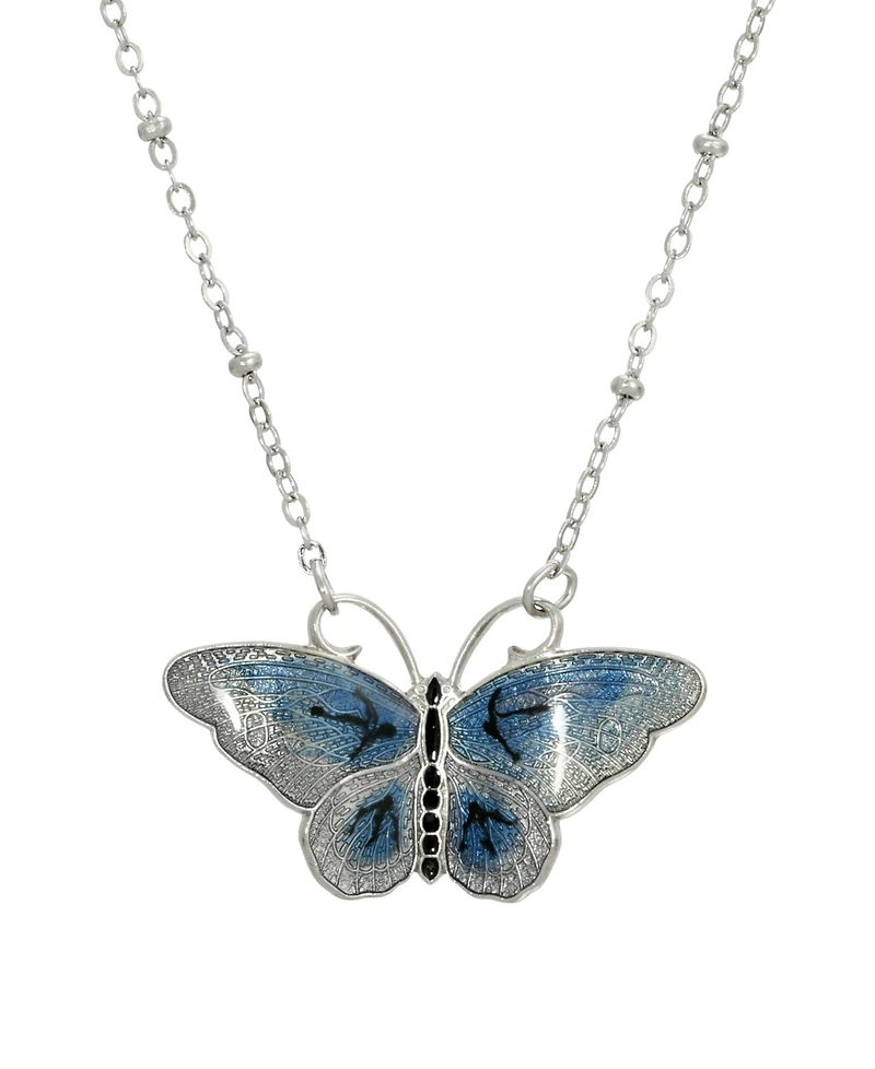 2028 Women's Silver Tone Blue and Black Enamel Butterfly Necklace