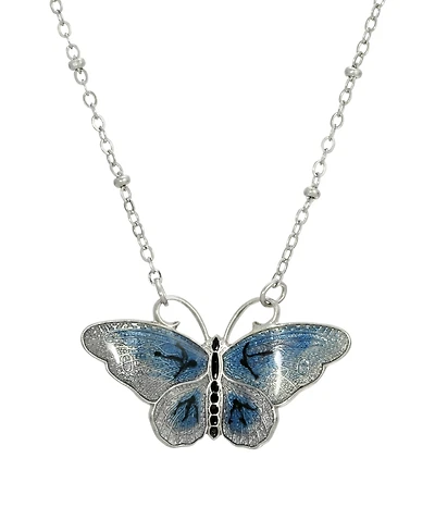 2028 Women's Silver Tone Blue and Black Enamel Butterfly Necklace