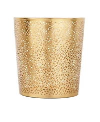 Small, Round, Glam Style Metallic Pierced Metal Waste Basket with Chrysanthemum Pattern