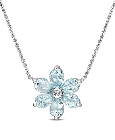 Aquamarine and Diamond Accent Floral Necklace