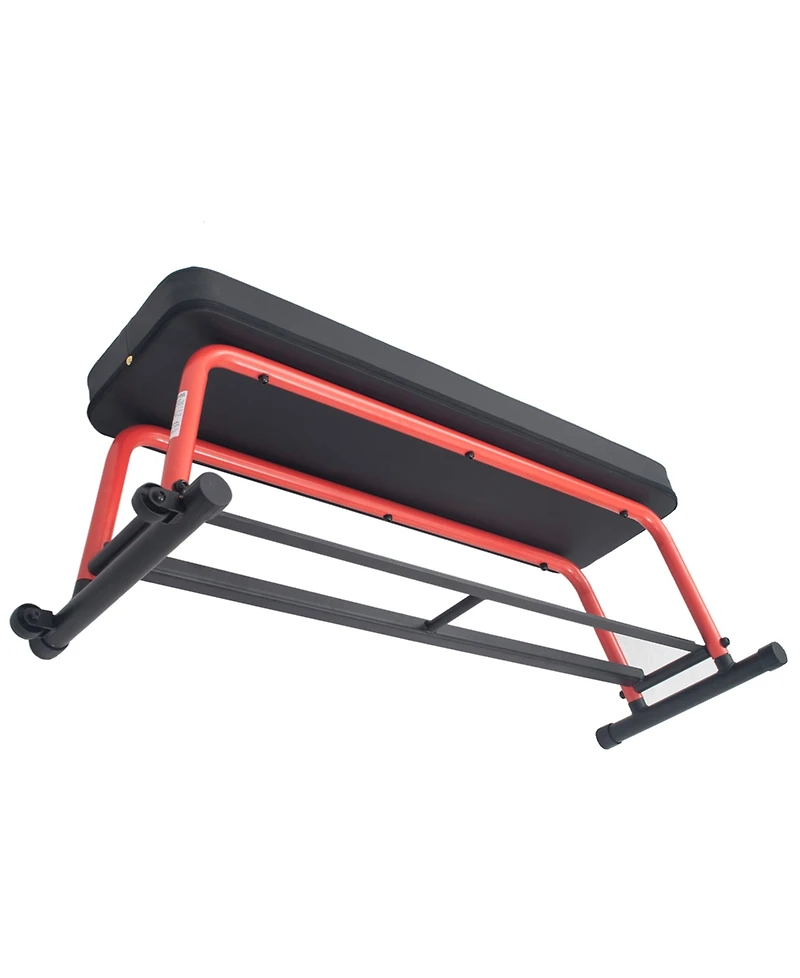 Sunny Health & Fitness Power Zone Strength Flat Bench with 550 lb Max Weight, Dumbbell Rack and Transport Wheels