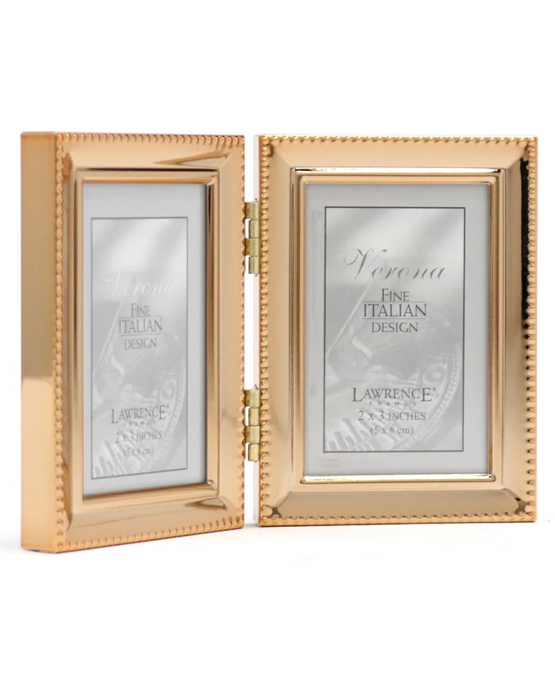 Polished Metal Hinged Double Picture Frame - Bead Border Design