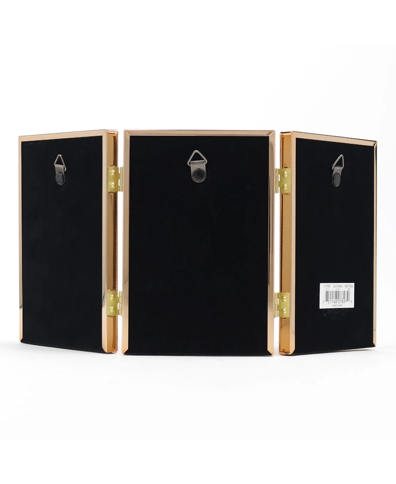 Polished Metal Hinged Triple Picture Frame - Bead Border Design, 4" x 6"