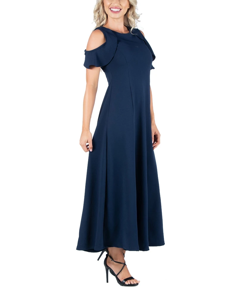 24seven Comfort Apparel Ruffle Cold Shoulder A Line Maxi Dress