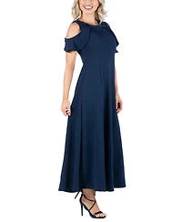 24seven Comfort Apparel Ruffle Cold Shoulder A Line Maxi Dress
