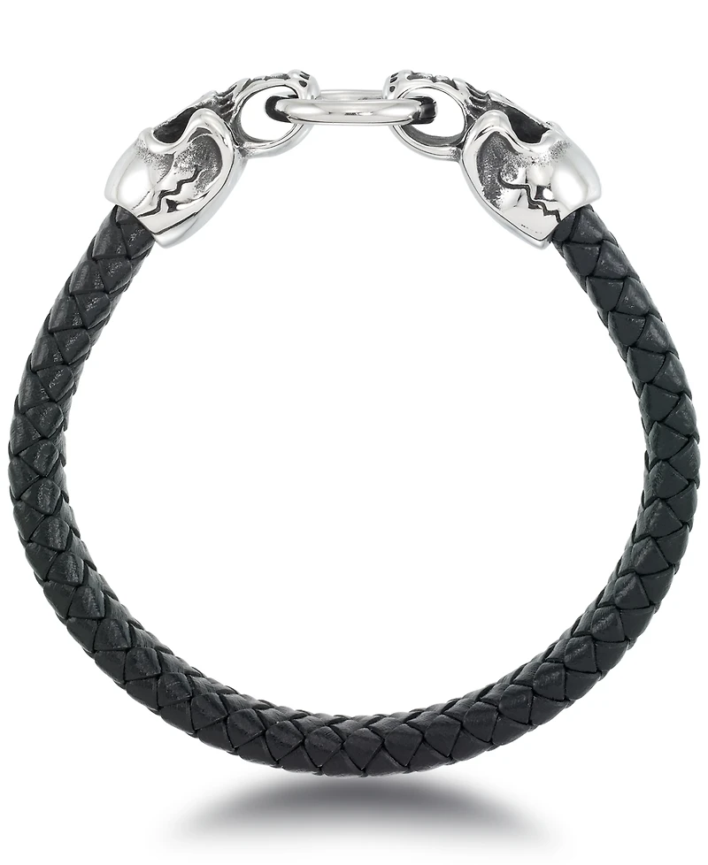 Andrew Charles by Andy Hilfiger Men's Leather Skull Head Bracelet in Stainless Steel