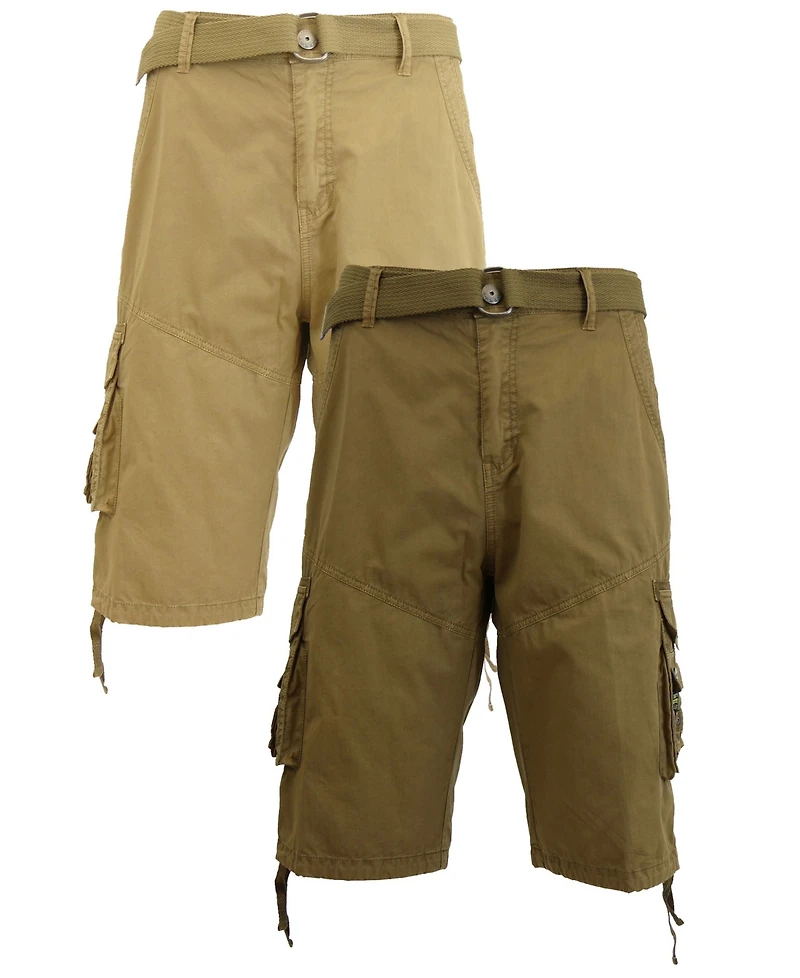 Galaxy By Harvic Men's Belted Cargo Shorts with Twill Flat Front Washed Utility Pockets, Pack of 2