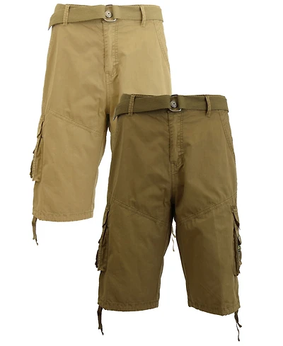 Galaxy By Harvic Men's Belted Cargo Shorts with Twill Flat Front Washed Utility Pockets, Pack of 2
