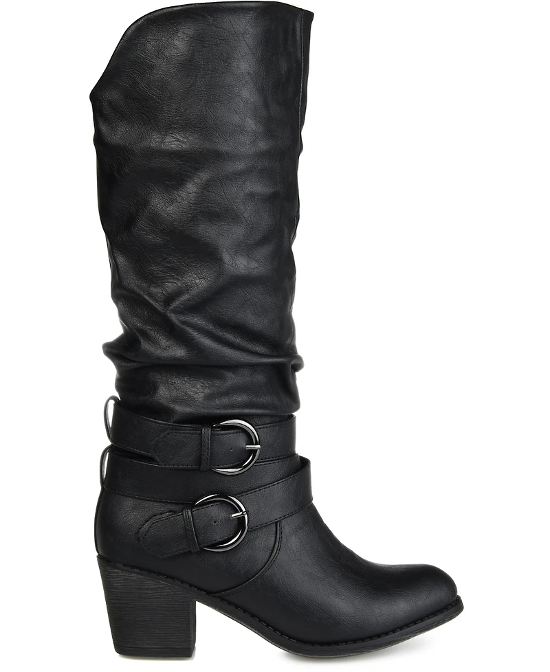 Journee Collection Women's Late Wide Calf Rouched Buckle Mid Shaft Block Heel Boots
