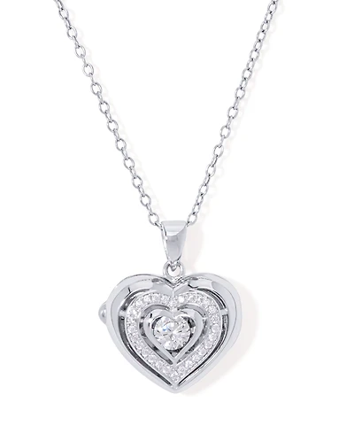 Cubic Zirconia Heart Locket Pendant 18" Necklace in Silver Plate