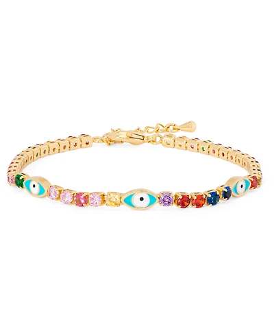 Multi Color Stone Enamel Evil Eye Bracelet in Gold Plate