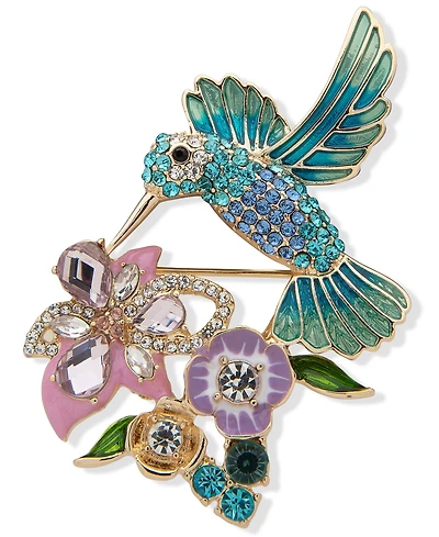 Anne Klein Gold-Tone Crystal Hummingbird & Flower Pin