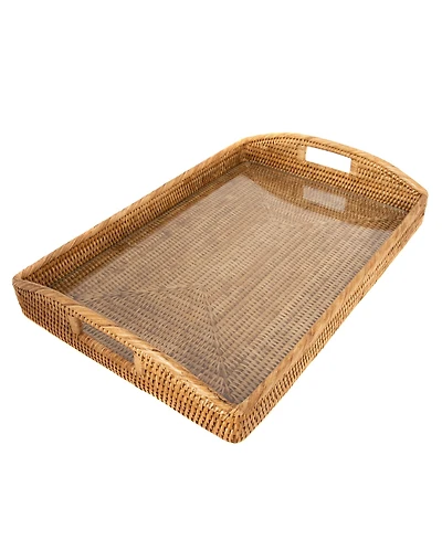 Artifacts Trading Company Rattan Rectangular Tray with Glass Insert