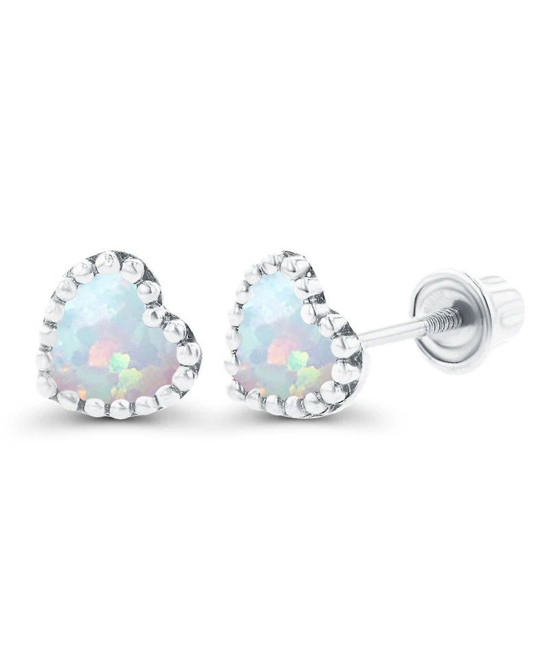 Created White Opal Heart Screwback Earrings Sterling Silver (Also 14k Rose Gold Over or Silver)